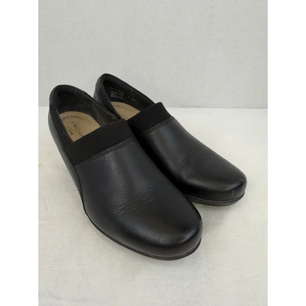 Clarks Collection Ultimate Comfort Black Leather Slip On Block‎ Heel Pumps 6.5 M